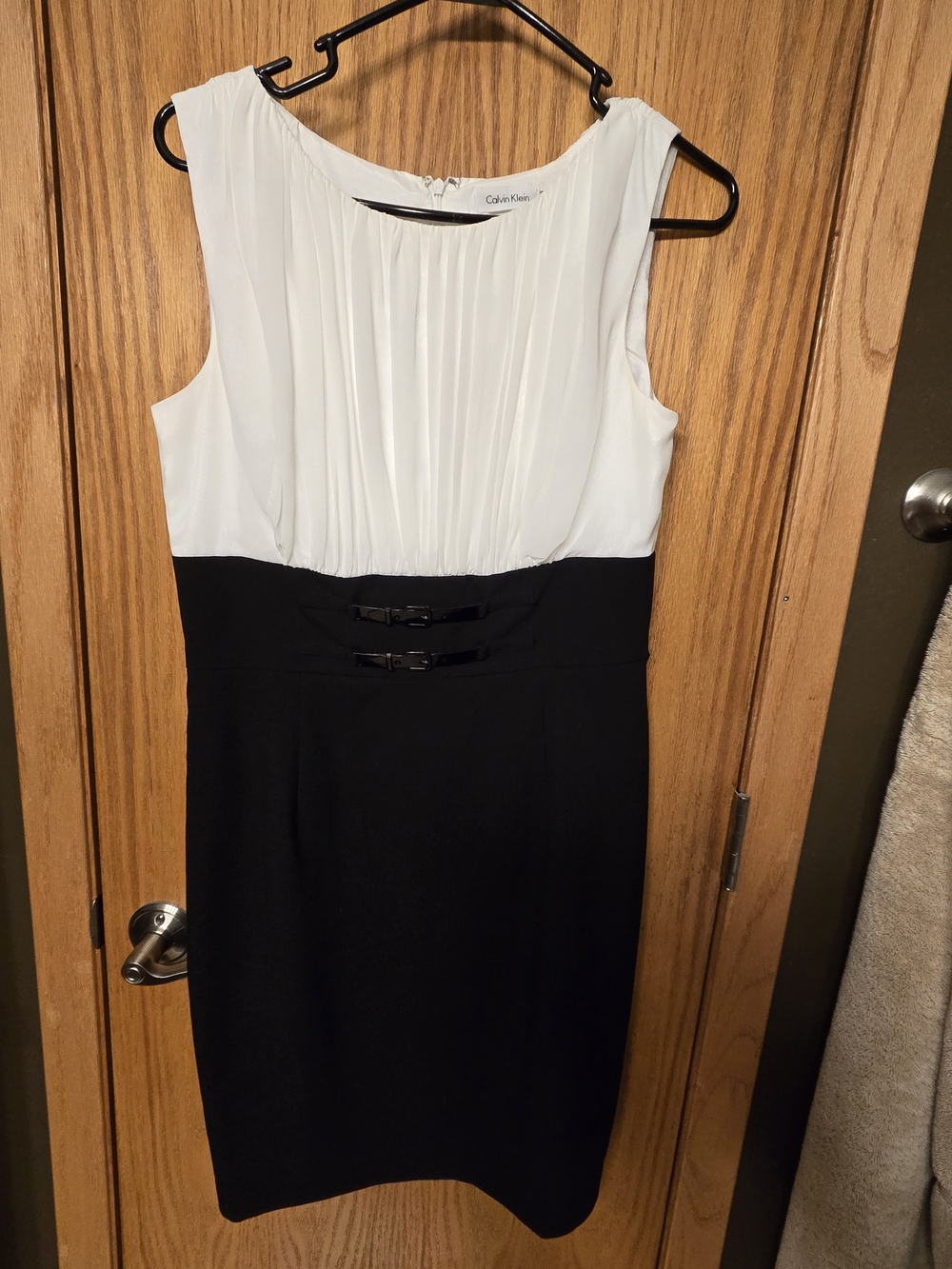Calvin Klein Two-Tone White Pleated Top Black Sheath Dress